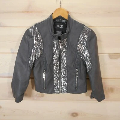 Chaqueta de motociclista recortada de cuero sintético gris talla S BKE para mujer bolsillos con cremallera lentejuelas Foto 1 de 4