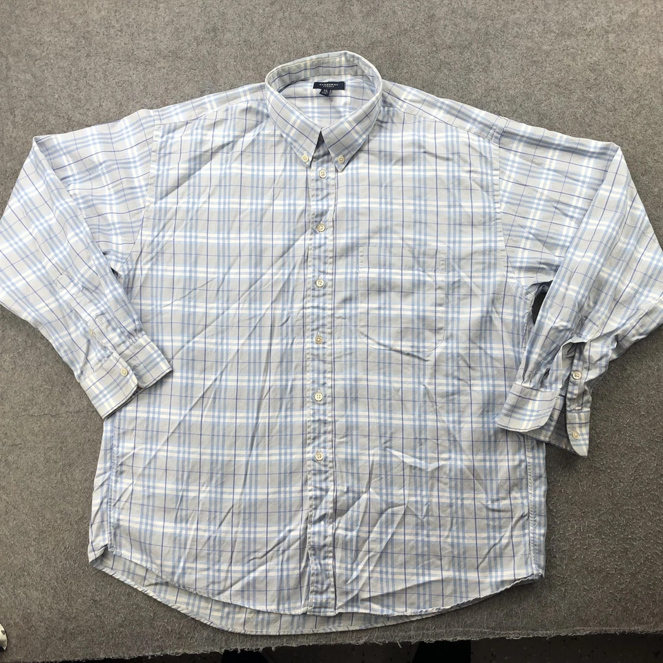博柏利伦敦衬衫男式特大号蓝色灰色格子纽扣美国制造 — 第 1/4 张图片