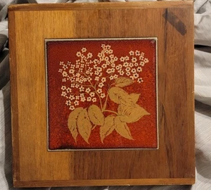  Ceramic Tile Trivet Red Flowers 10" Square Wood Trim Rustic  - Picture 1 of 6