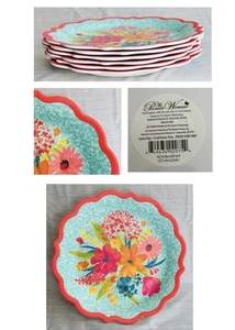 Pioneer Woman Melamine Dinner Plates 11" SUNNY DAYS Floral CORAL Rim 6-PC - Picture 1 of 7