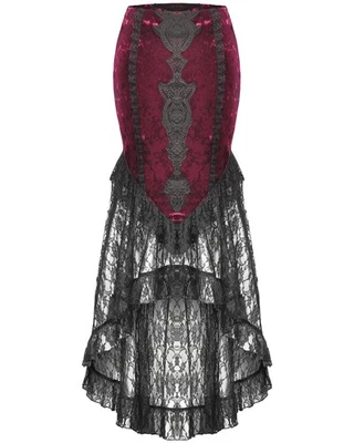Dark In Love Long Gothic Vampire Crushed Velvet & Lace Fishtail Skirt Red Black - Image 1 of 4