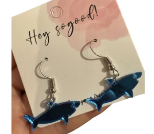 Kitsch Blue Iridescent Shark Kidcore Novelty Quirky Funky Dangle earrings - Picture 1 of 6