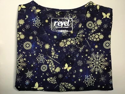 Revel Women’s Srub Uniform Top Navy w/ Christmas Theme Snowflakes Medium NEW - Image 1 of 4
