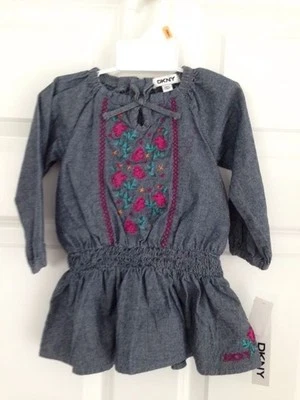 DKNY NWT Infant Girls 2PC Dress 12 12m Faux Denim Embroidery Blue Pink Green - Image 1 of 2
