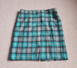 Womens Skirt-TALBOTS-turquoise blue/gray plaid wool blend lined straight-8 - Picture 1 of 5