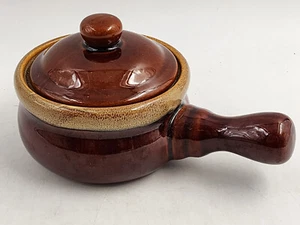2 Pc Vtg French Onion Soup Crock Handled Bowl w/ Lid Brown Glazed 4.5" - Picture 1 of 10