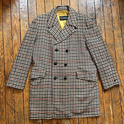 Vintage 1970s McGregor Houndstooth Overcoat Mens 42 Sherpa Lined Double Breasted - Image 1 of 4