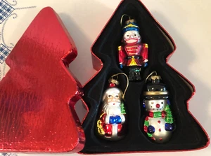 ORNAMENTI NATALIZI VETRO SOFFIATO 3 IN SCATOLA ~ 3" ~ BABBO NATALE/PUPAZZO DI NEVE/SCHIACCIANOCI VINTAGE - Foto 1 di 10