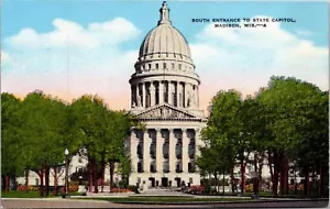 South Entrance to State Capital Madison Wisconsin Linen Postcard - Picture 1 of 2