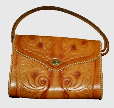 Vintage Shoulder Handbag Tooled Leather Purse Whip Stitched SW Flower Cowgirl - Image 1 of 4