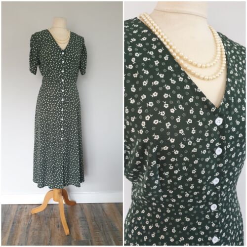 Vintage 1940s 1950s WW2 Style Green floral tea party Festival dress Size 12