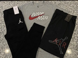 NWT NIKE AIR JORDAN BOY'S 3 PC SET GRAY SHORT SLEEVE BLACK SHORTS & JOGGERS XL - Picture 1 of 5