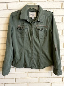 American Rag Utility Jacket/Shirt Medium Olive Green Snap & Roll Tab Distressed - Bild 1 von 9
