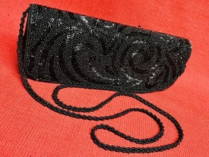 La Regale Black Beaded Satin Evening Purse/Clutch w/Long Strap 9 1/2”x 2”x 3 1/2 - Picture 1 of 6