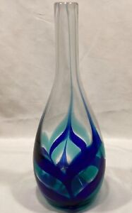 Heavy Modern Turquoise Blue Green Clear Vase Bottom Swirl 12”