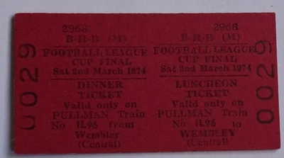 Biglietto Cena Lunc 1974 Finale Coppa di Lega Manchester City Wolves British Rail Rosso - Immagine 1 di 2