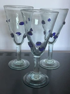 Set Of 3 Handblown Clear Mexican Goblets With Applied Blue Glass Dots - Picture 1 of 5