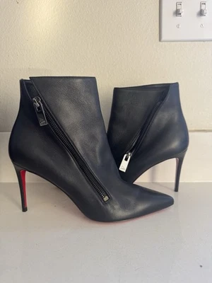 Christian Louboutin Black Leather Ankle Boots – Red Soles, Side-Zip, Women’s 6.5 - Image 1 of 4