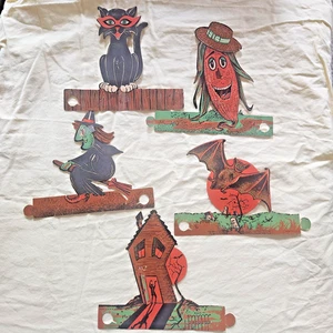 Vintage Halloween Karton gestanzt 5 Hexe Katze Fledermaus Mais Haus Pfeife USA C5 - Bild 1 von 6