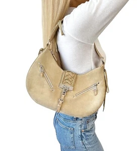 Christian Dior Vintage Logo Admit It Schultertasche Beige Silber Wildleder Tie Zip - Bild 1 von 12