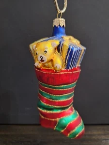 Blown Glass Christmas Stocking Ornament Stuffed W/Teddy Bear/Puppy/Gifts 5 1/2"H - Picture 1 of 9