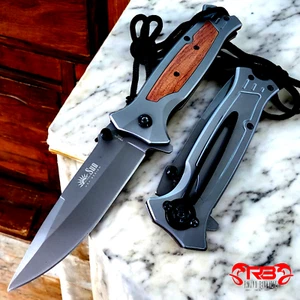 9" Tactical WOOD HANDLE Spring Assisted Open Blade Folding Pocket Knife W/ Strap - Picture 1 of 4