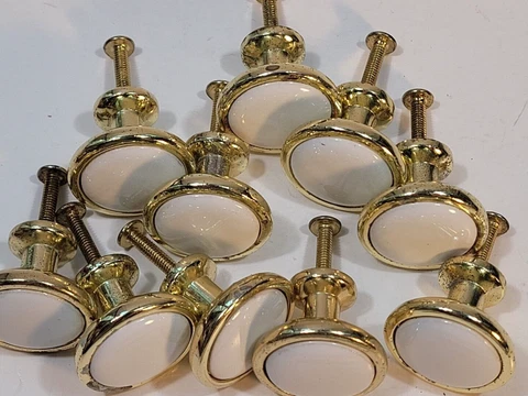 Lot 10 Vintage White Ceramic and Brass Plated Drawer Cabinet Knobs Pulls Cover