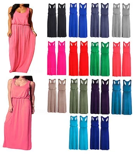 Women ladies Maxi Dress Jersey Puffball Toga Balloon Racer Back Vest Dress UK - Picture 1 of 22