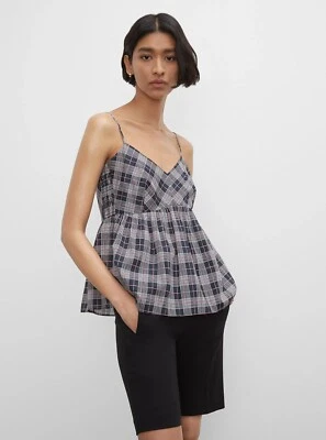 Camiseta sin mangas Club Monaco para mujer L a cuadros blanca azul marino peplum cami nueva Foto 1 de 4