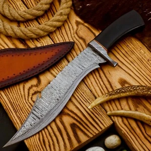 Cuchillo Bowie de Caza de Acero Damasco Hecho a Mano Personalizado 14" Raro con Funda de Cuero - Imagen 1 de 13