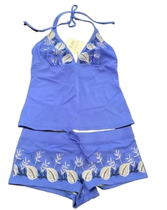 La Perla 2 Piece Swimsuit Blue With Leaf Embroidery Tank Top/Shorts - Picture 1 of 3