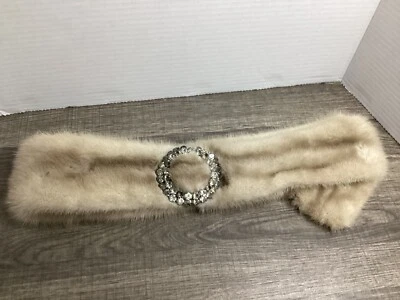Vintage 1940’s or 1950’s Tan Rabbit  Fur Stole Wrap With Rhinestone Brooch - Image 1 of 4