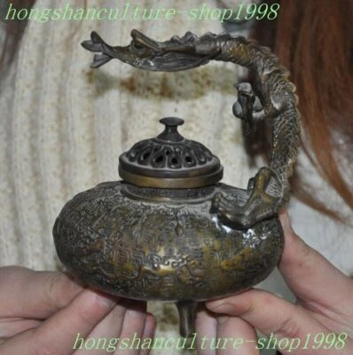 5.2" Antigua dinastía China bronce Feng Shui dragón estatua quemador de incienso incensario Foto 1 de 4