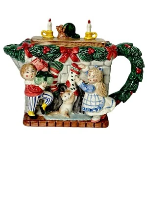 Tetera vintage 1992 Fitz and Floyd multicolor chimenea navideña para 32 oz B32 Foto 1 de 4