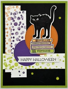Stampin' Up! Black Cat & Potion Books Happy Halloween Card w/Envelope Shiny Dots - Picture 1 of 6