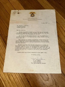 1946 Sympathy Letter WW2 - The Quartermaster General Major Thomas B. Larkin - Picture 1 of 3