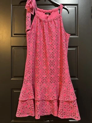 Trina Turk Pink Sz Small Crochet Dress Hot Pink Tie Neck Ruffle Knee Length - Image 1 of 4