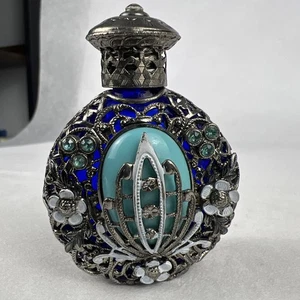 Botella de perfume azul hecha a mano República Checa con pedrería de filigrana tono plata - Imagen 1 de 9