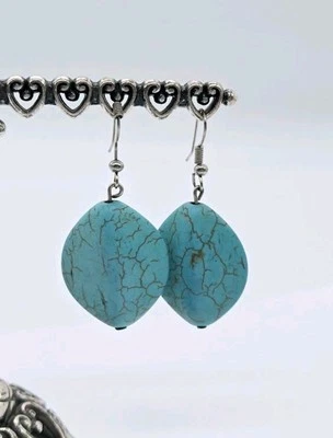 Faux Turquoise Earrings Dangle Drop Pierced Dyed Stone Howlite 2 in - Image 1 of 4