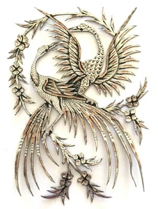 Zarte handgeschnittene Kupfer Metall Kunst 6" Vögel Aesops Fabeln Pfau Kranich - Bild 1 von 11