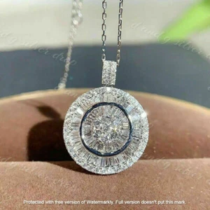 3Ct Baguette VVS1/D Diamond Cluster Pendant 14k White Gold Finish Free Chain - Picture 1 of 4