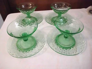 Vintage Imperial Glass Diamond Quilted Green Sherbets & Plates Set of 4 - Picture 1 of 8