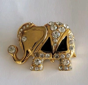 vintage Large Trunk Up Elephant Pave Rhinestone Brooch Pin Pendant Gold Tone - Picture 1 of 9