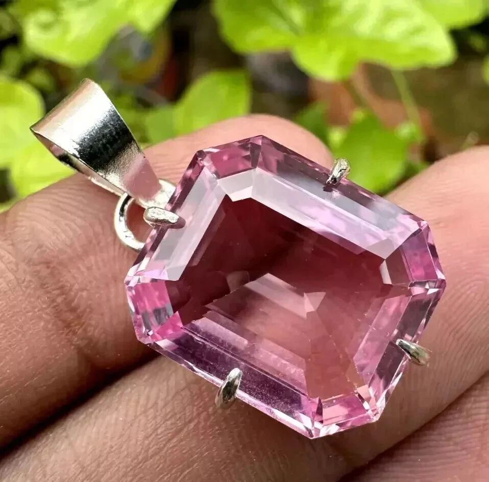 27 CT Naturale Padparadscha Zaffiro 925 Pendente Argento Smeraldo Taglio Gemma - Immagine 1 di 4