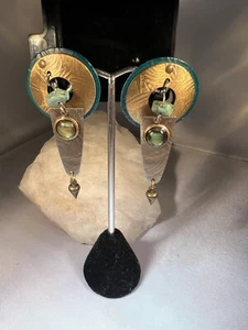 Vintage Studio Art Turquoise Labradorite Enamel Metal Dangle Modernist Earrings - Picture 1 of 5