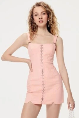 New For Love & Lemons Size S Pink Monika Hook Front Mini Dress - Image 1 of 4