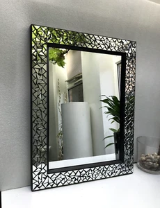 Handmade Mosaic Design Black Silver Wall Mirror Frame Free Style Metal  54x42cm - Picture 1 of 10