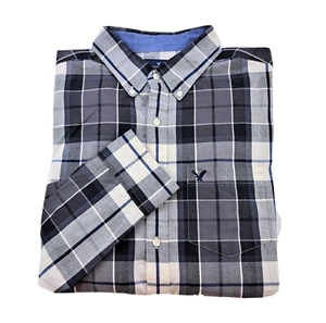 Camisa de vestir para hombre AMERICAN EAGLE negra blanca gris a cuadros GRANDE manga larga botón - Imagen 1 de 3