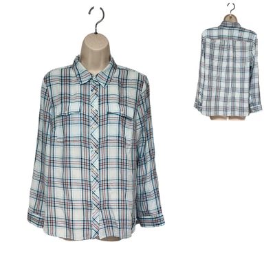 Camisa Talbots a Cuadros Azul/Melocotón Manga con Pestaña Enrollable Abotonada Talla LP Foto 1 de 4