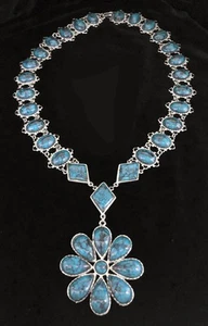 Vintage SOUTHWESTERN style faux Turquoise silver FLOWER Long Statement NECKLACE - Picture 1 of 7